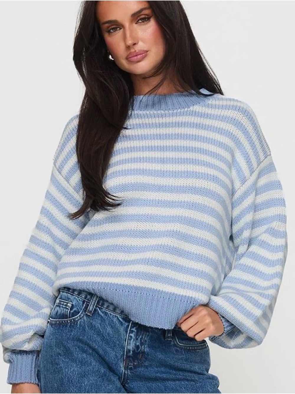 Princess Polly Harmony Balloon Sleeve Knit Sweater White/Blue Stripe